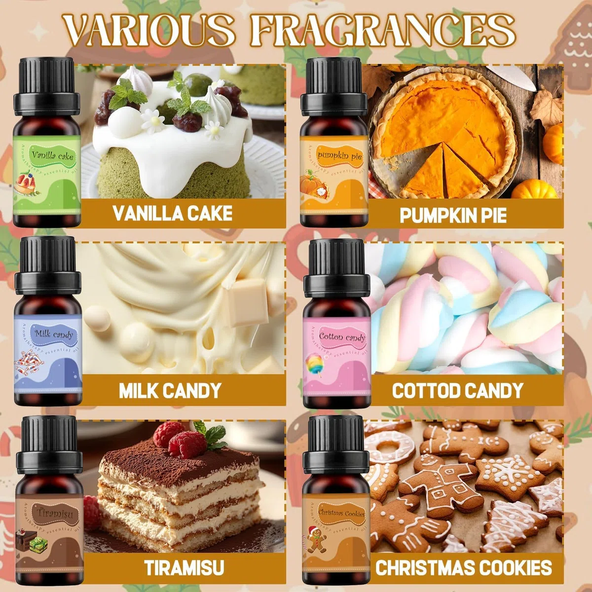 Set de Aceites Esenciales de Panadería,Juego de Aceites Esenciales para Panadería,Adecuado para tarta de calabaza, tiramisú, tarta de vainilla,galletas navideñas,caramelos de leche,malvaviscos (6x10ml
