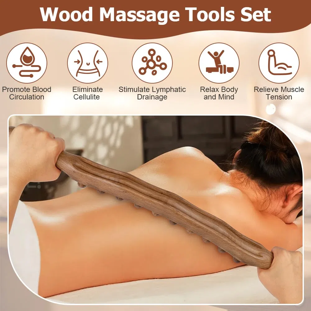 Anti Celulitis Masajeador Rodillo Anticelulítico, 31Cuentas Rodillo Masaje Muscular, Masaje Maderoterapia Madera, Rodillo Masajeador Curvado para Todo Cuerpo para del Dolor Muscular y Relajación