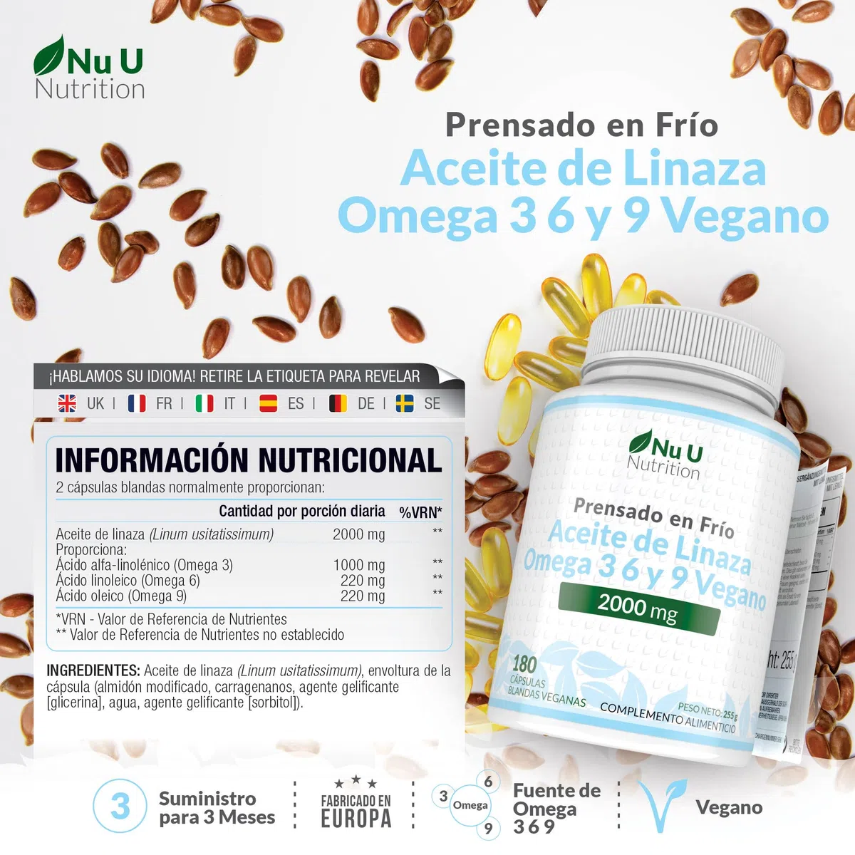 Aceite de Linaza Vegano 2000mg - 180 Cápsulas Blandas - Prensado en Frío Rica Fuente de Omega 3 6 y 9 | Suministro para 3 Meses - Fabricado en Europa - Nu U Nutrition