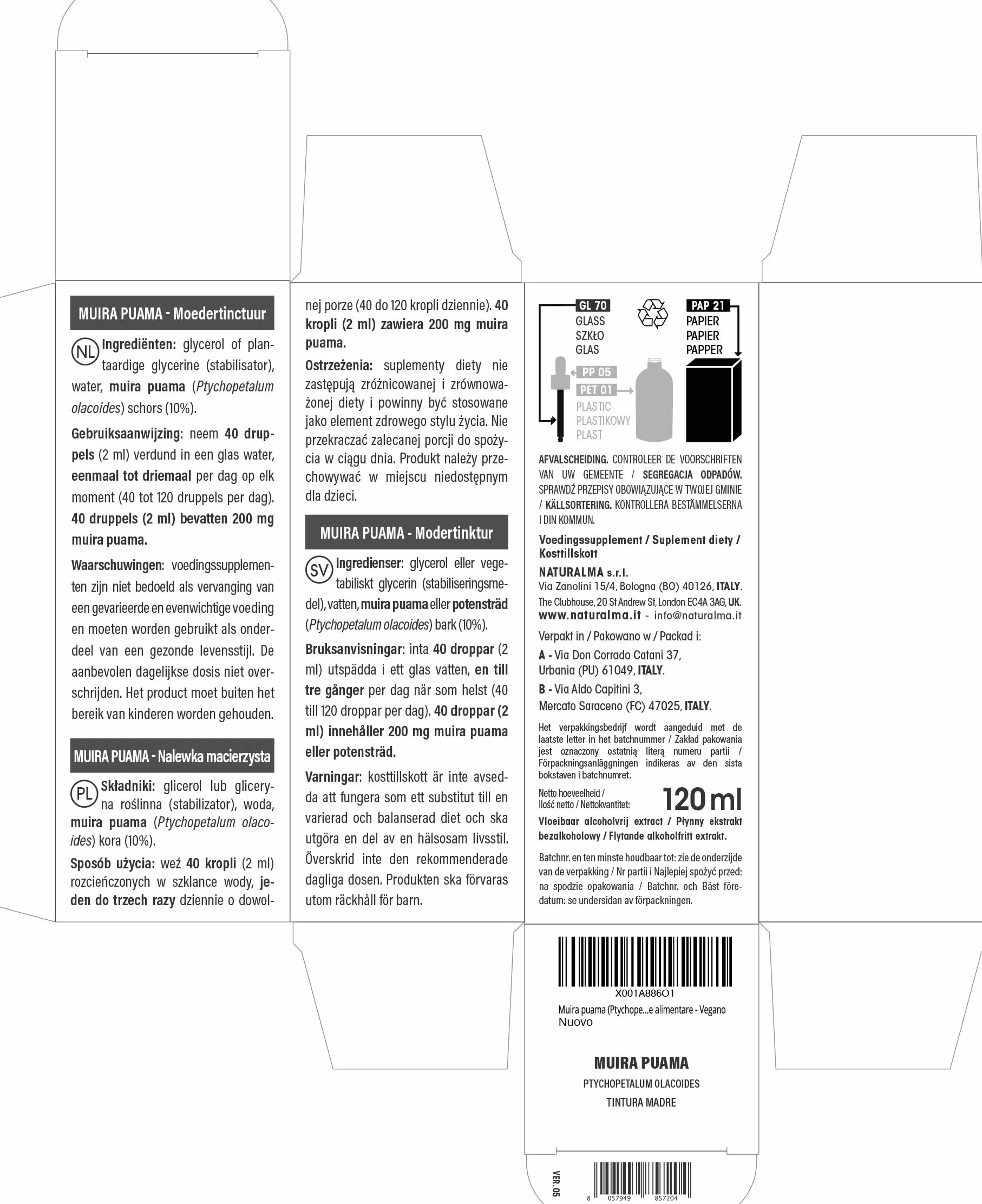 Muira puama (Ptychopetalum olacoides) cortezas Tintura Madre sin alcohol Naturalma - Extracto líquido gotas 120 ml - Complemento alimenticio - Vegano