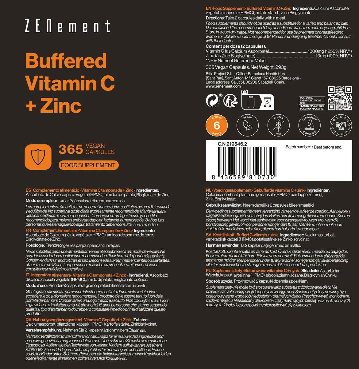 Vitamina C Tamponada con Zinc Bisglicinato - 1000 mg Vitamina C + 10 mg Zinc Elemental por Dosis Diaria (2 Cápsulas) - pH Neutro, Suave para el Estómago - Para el Sistema Inmunitario - Vegano