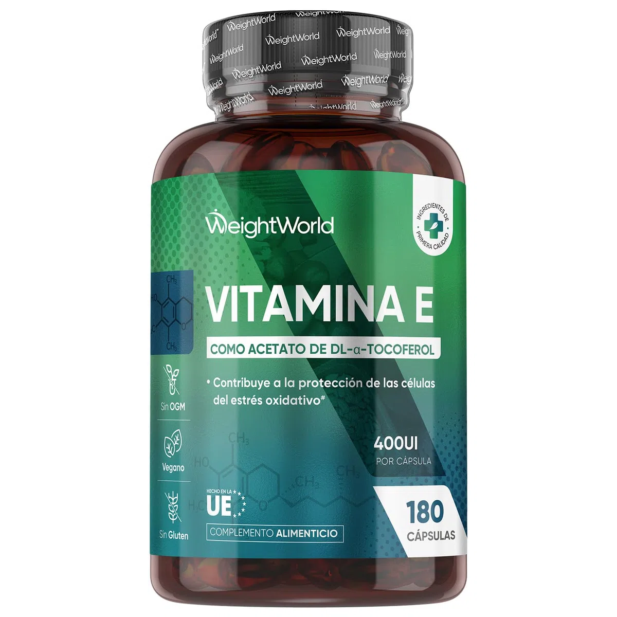 Vitamina E 400UI, 180 Cápsulas Veganas para 6 Meses - Acetato de DL-α-Tocoferol, La Vitamina E Contribuye a Proteger las Células del Estrés Oxidativo, Sin OGM