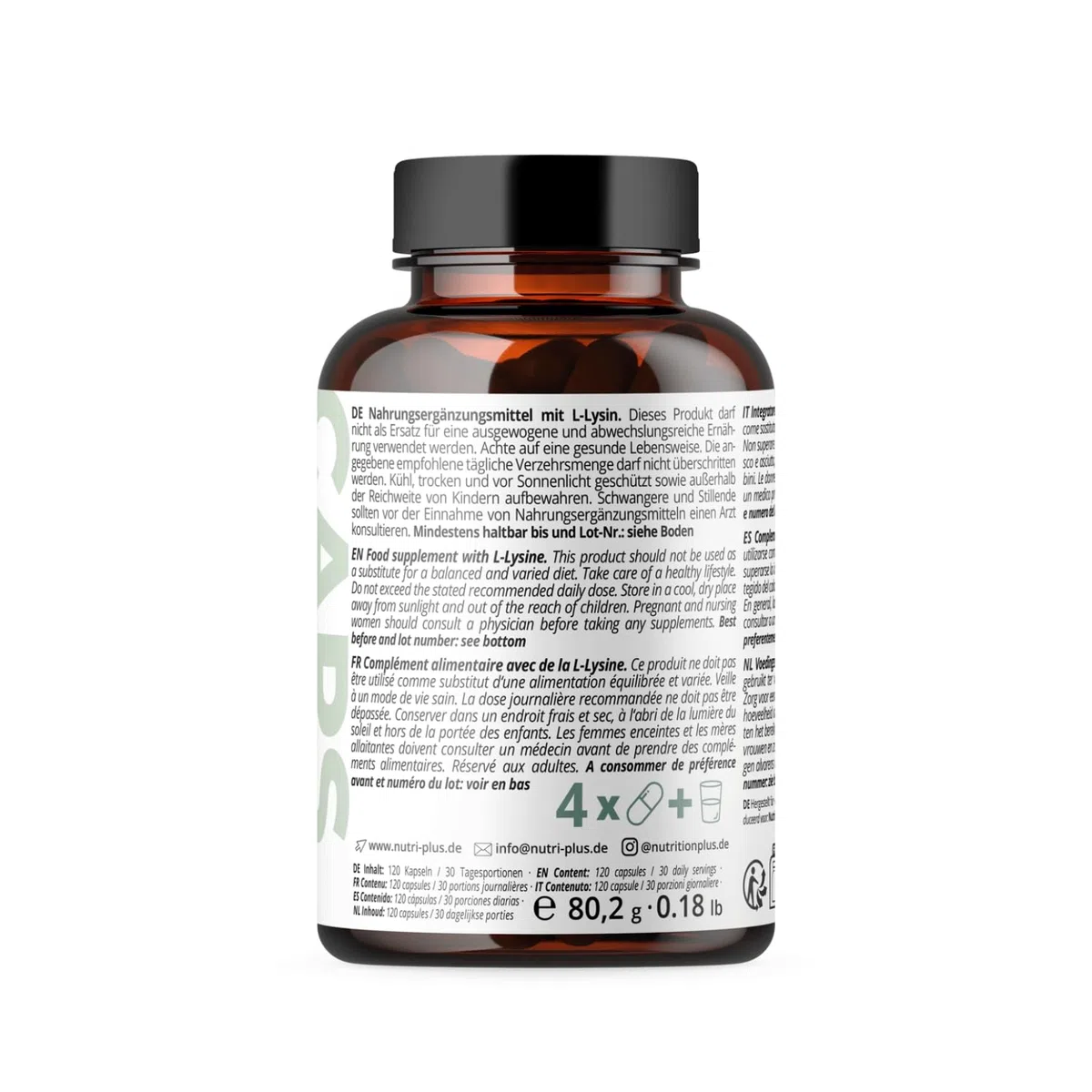 nutri + L-Lisina Cápsulas altas dosis + vegano - 2200mg por porción diaria - testado en laboratorio - 120 Caps 550mg cada una - bloque constructor de colágeno y tejido conectivo