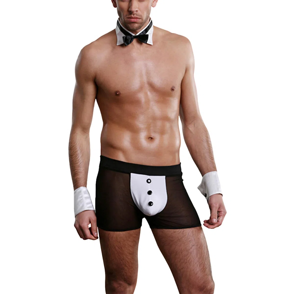 Traje sexy de mayordomo para hombre, disfraz de cosplay, 4 piezas, corbata, calzoncillos y 2 pulseras, juego de ropa interior transparente, calzoncillos tipo bóxer de malla con diseño de orejas de