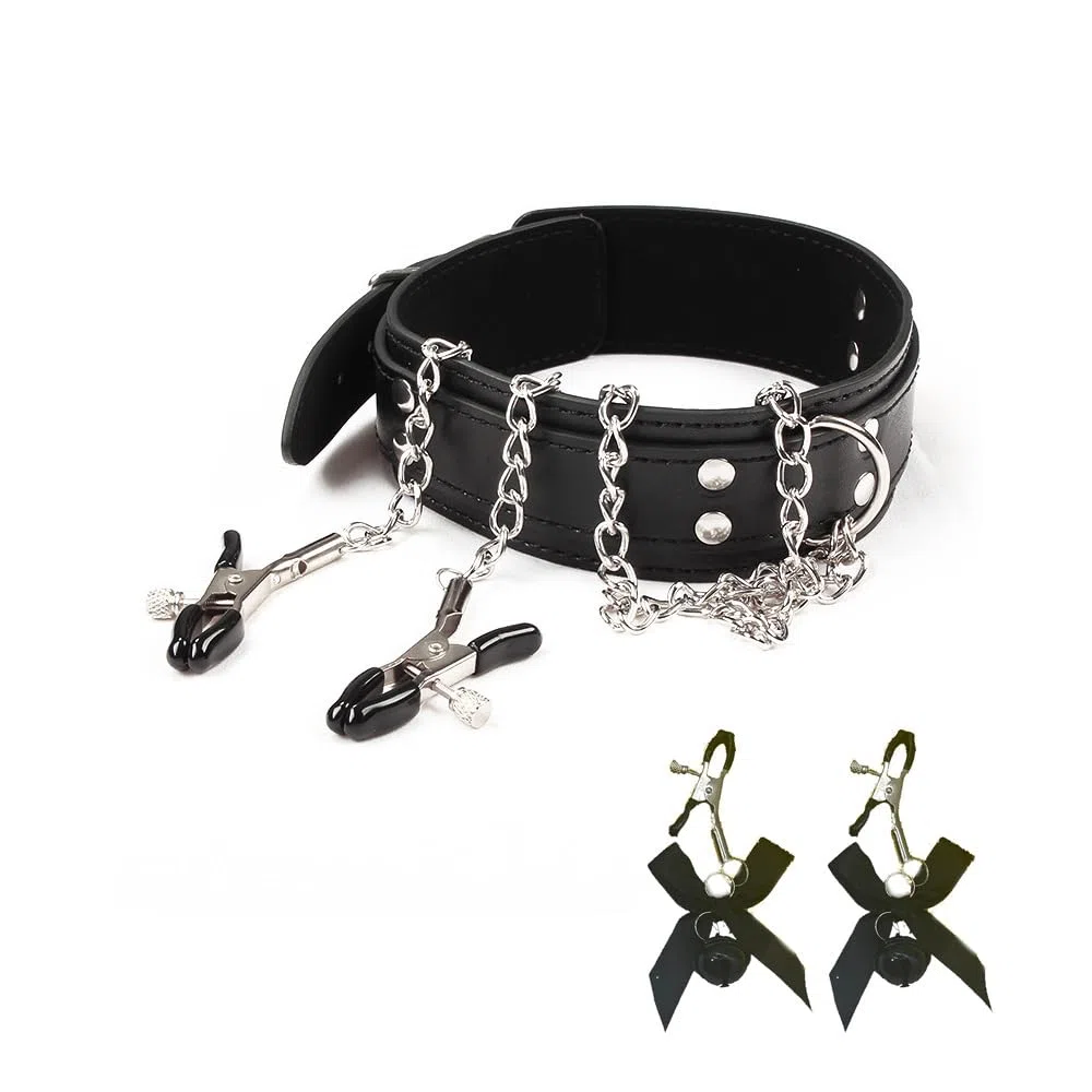 Collar De Cuero Con Cadenas Para Pezones Elegante Conjunto Bondage Para Parejas Accesorio Sensual Para Sexo