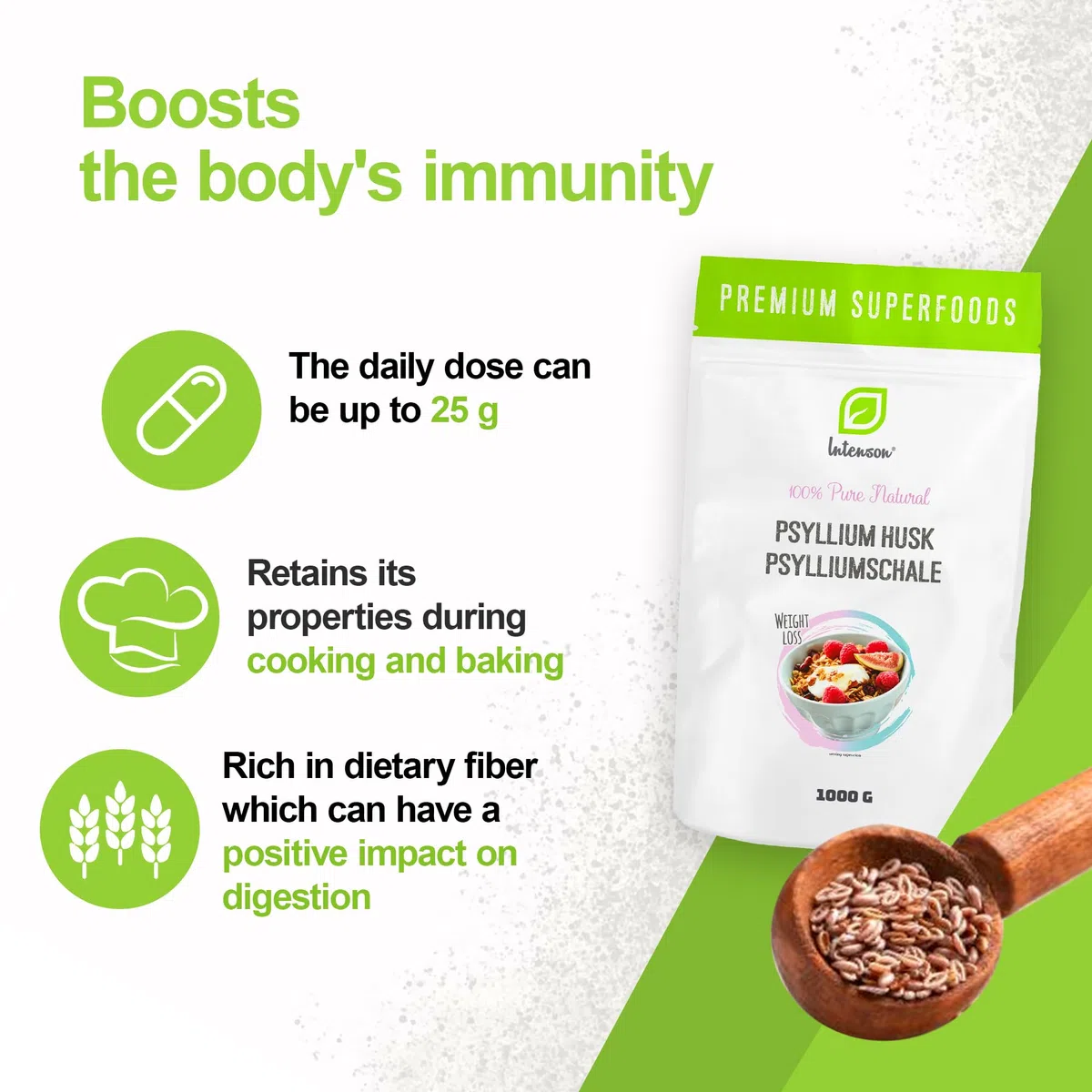 INTENSON Psyllium Husk 1 kg, Cáscara de Semilla de Psyllium Pura y Natural, Alta en Fibra, Ideal para Mezclar con Agua, Bebidas y Zumos, Apta para Vegetarianos y Veganos