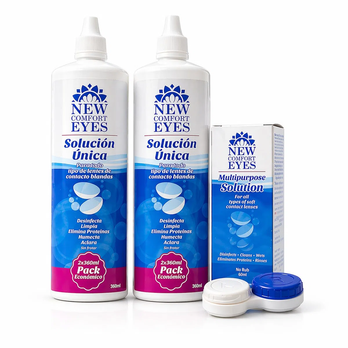 EYES Solución Única para Lentes de Contacto – Pack Ahorro 2+1 (2x360ml + 1x60ml) – Limpia, Desinfecta e Hidrata – Con Portalentillas – Para Todo Tipo de Lentes