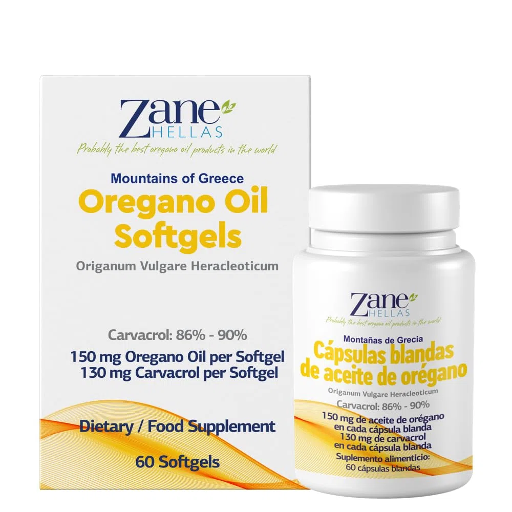 Zane Hellas Oregano Oil Softgels. La mayor concentración del mundo. Cada cápsula contiene un 30% de aceite esencial de orégano griego puro. 130 mg de Carvacrol por cápsula. 60 cápsulas.