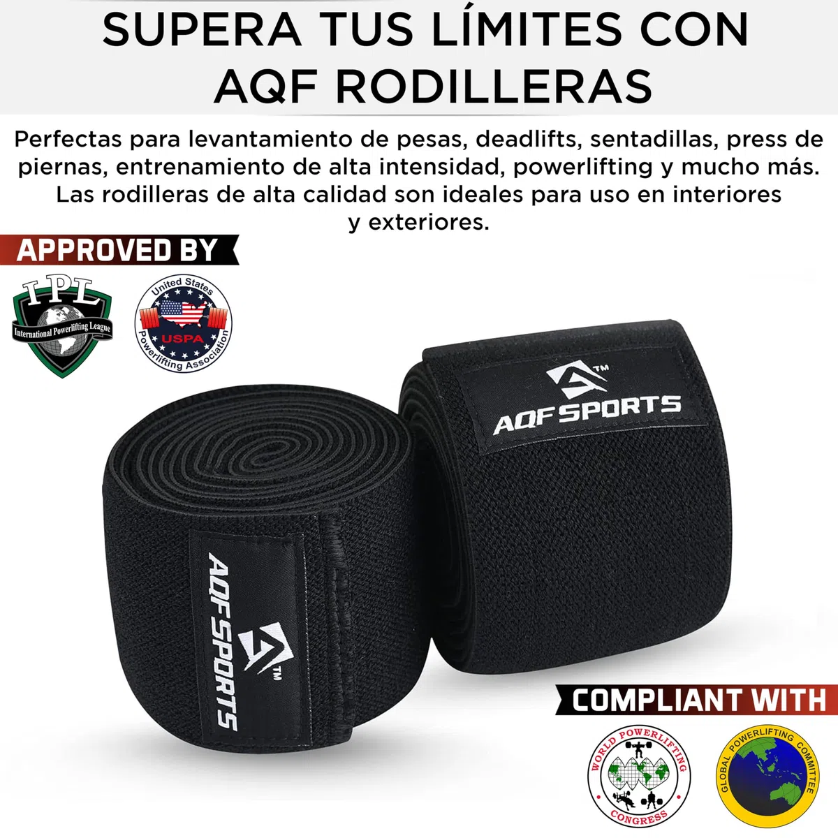AQF Rodilleras para Levantamiento de Pesas Aprobadas por IPL y USPA (1 par) - Soporte de Rodilla para Menisco y Ligamentos, Vendaje Elástico con Protección para Powerlifting, Gimnasio