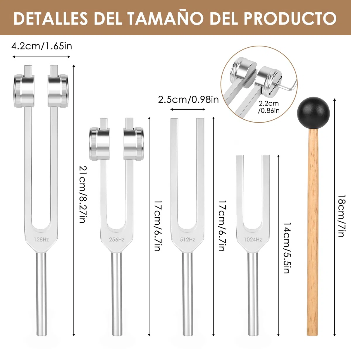 Diapason Set 128 Hz, 256 Hz, 512, 1024Hz para Terapia de Frecuencia, 4 Diapasones para Stimmgabel Therapie, Yoga y Meditación (con Martillo)