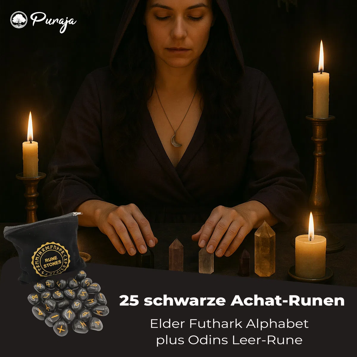 PURAJA Set de Piedras rúnicas Madera | con el Alfabeto Elder Futhark | 25 Piedras rúnicas de Madera en una bolsita de algodón | Set mágico de runas (Ágata negra)