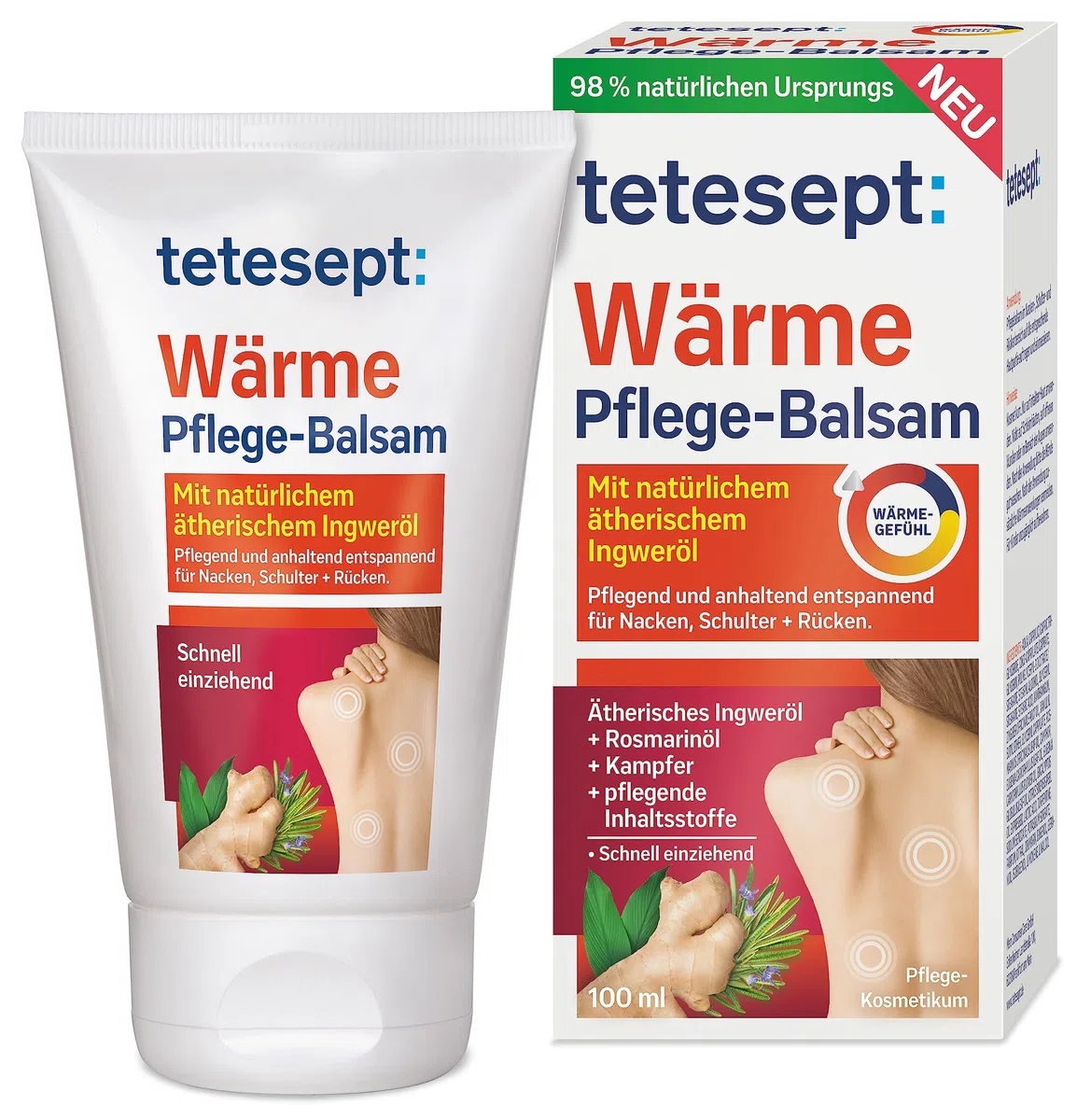 tetesept Bálsamo de cuidado térmico – pomada térmica nutritiva relaja el cuello, los hombros y la espalda, con aceites esenciales naturales de jengibre y romero, 1 tubo de 100 ml