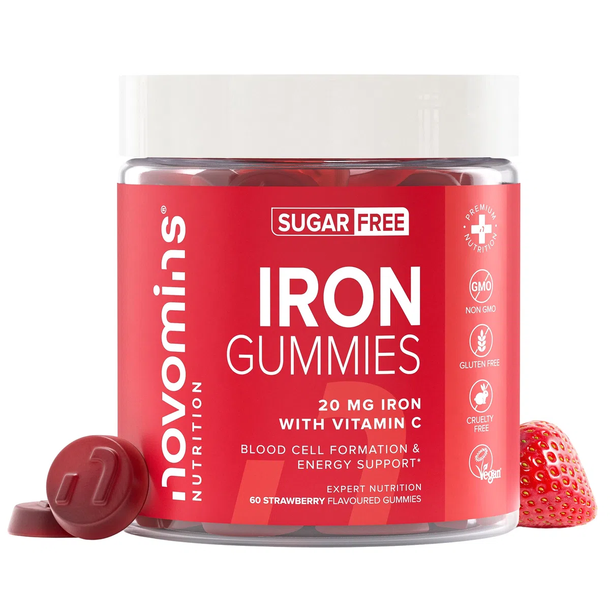 Hierro Suplemento 20 mg - Sin Azúcar - 60 Gominolas de Hierro y Vitamina C 24 mg - Vegano y Sin Gluten - para Energía y Sistema Inmunológico - para 1 Mes - Novomins