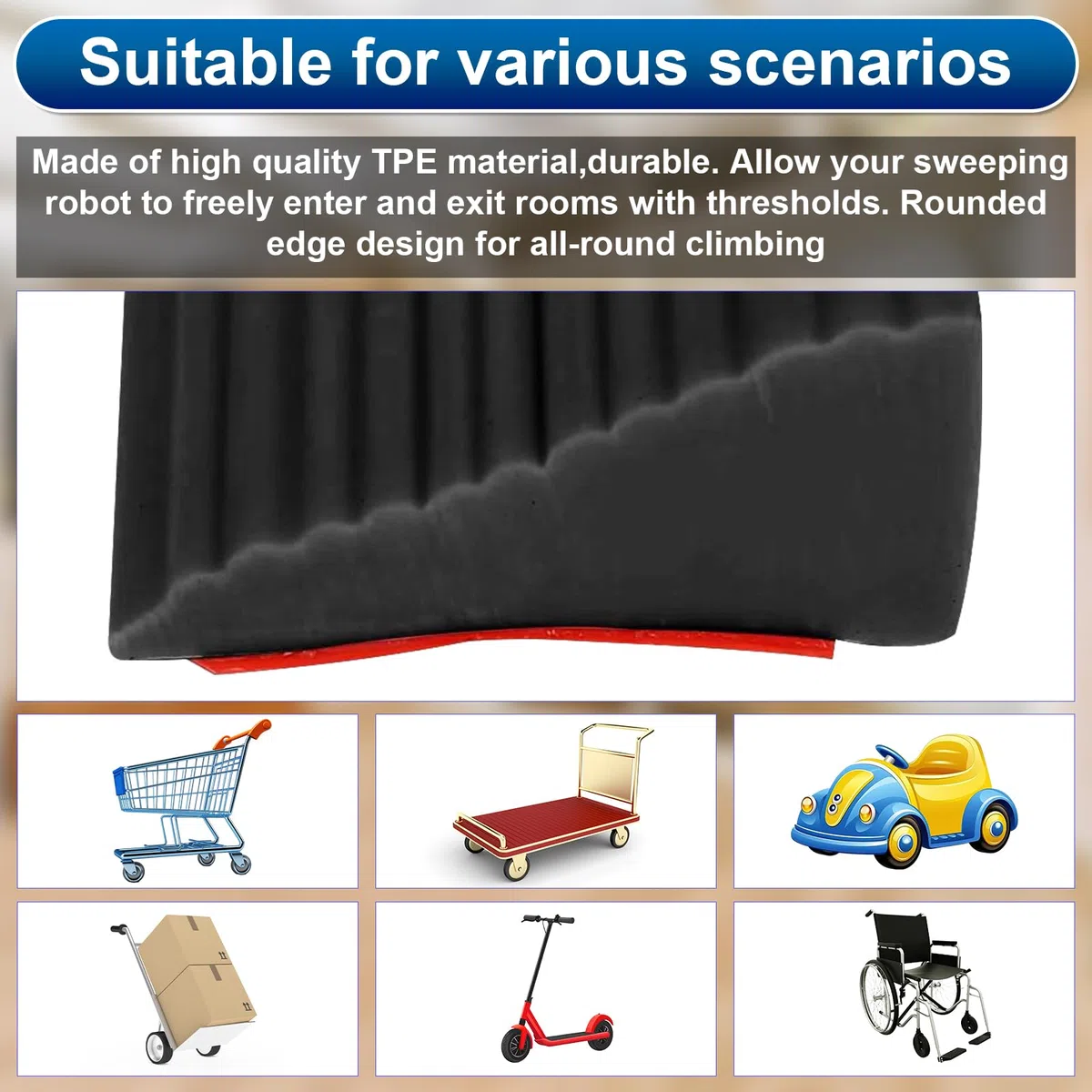 Rampa de Umbral para Puerta 500 kg, Perfil de Transición Autoadhesivo de PVC, 100 cm de Largo, para Silla de Ruedas, Robot Aspirador, Carrito, Uso Interior y Exterior (Negro, 100x5.5x1.6cm)