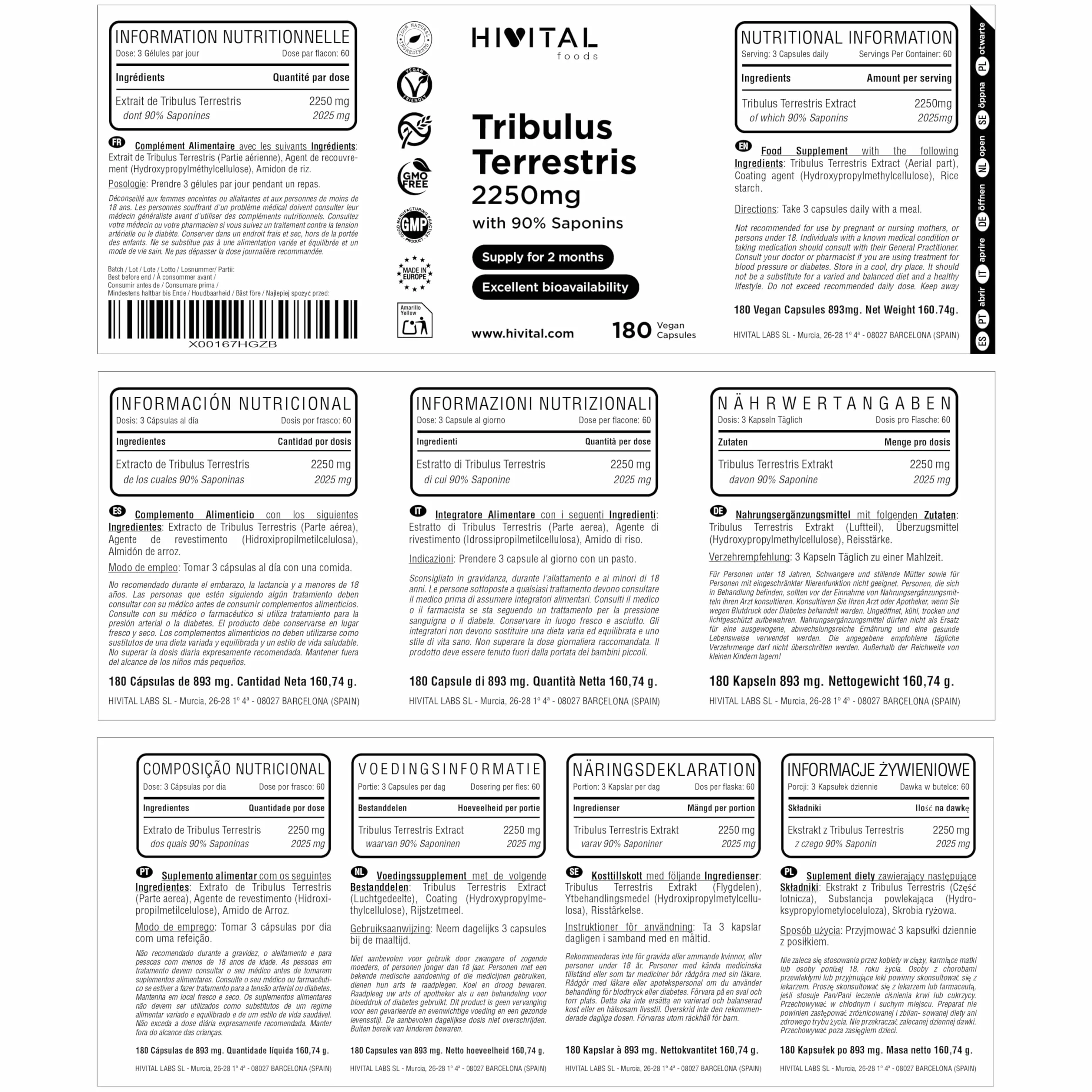Tribulus Terrestris 2250 mg. 180 cápsulas veganas para 2 meses de tratamiento. Extracto Natural con 90% Saponinas con alto principio activo. Fabricado en España por HIVITAL