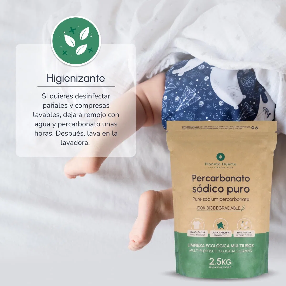 PLANETA HUERTO | Percarbonato Sódico Ecológico 2,5 kg – Percarbonato Blanqueador, quitamanchas e higienizante natural, limpieza sostenible para ropa blanca, superficies y hogar sin tóxicos
