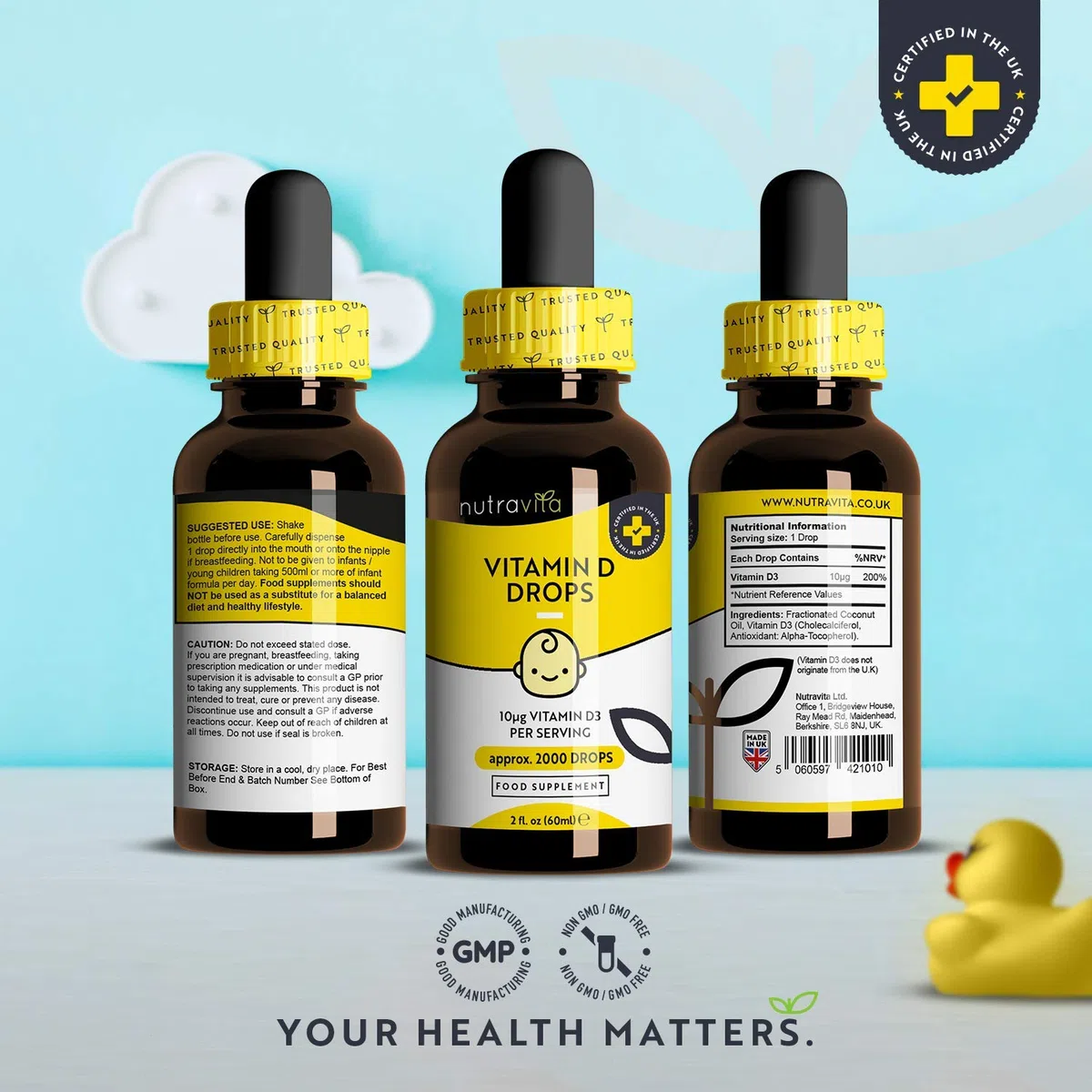 Nutravita Gotas de Vitamina D para Bebés y Niños 60ml – Sistema Inmunitario, Crecimiento y Desarrollo Normal de los Huesos en Niños – 400 IU o 10mcg por Gota (2000 raciones por Botella) – Sin Azúcar