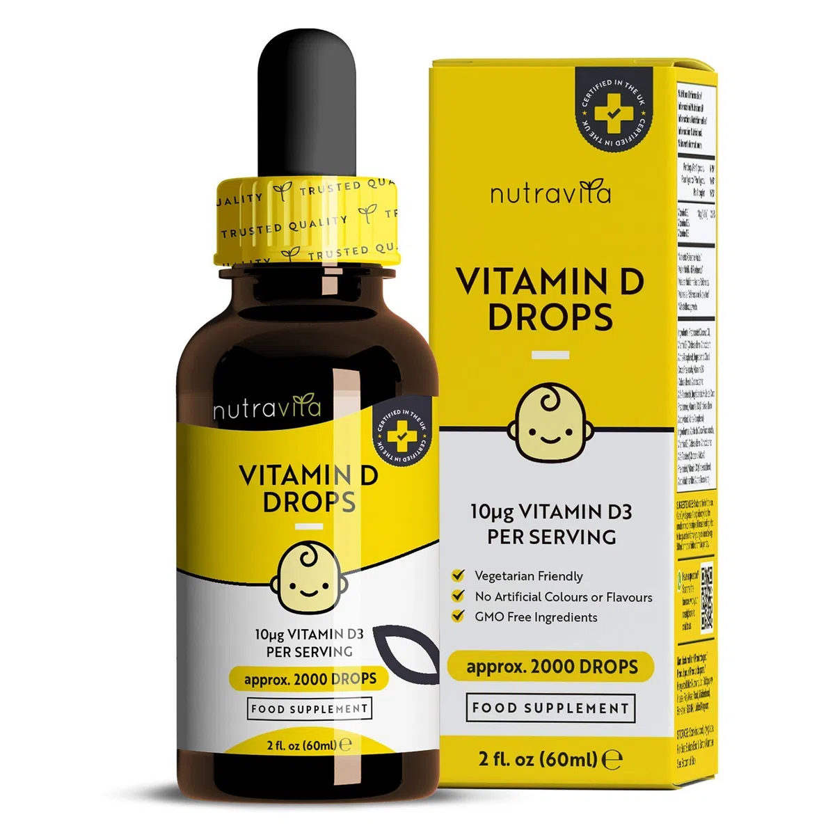 Nutravita Gotas de Vitamina D para Bebés y Niños 60ml – Sistema Inmunitario, Crecimiento y Desarrollo Normal de los Huesos en Niños – 400 IU o 10mcg por Gota (2000 raciones por Botella) – Sin Azúcar