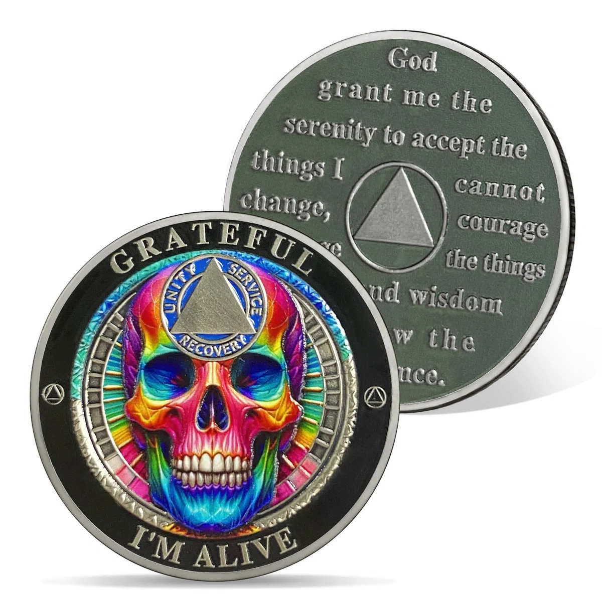 AtSKnSK Calavera colorida moneda sobriedad Grateful I'm Alive AA Moneda Recuperación AA HA NA Chips Medallones de sobriedad Token Regalos de Alcohólicos Anónimos para Hombres y Mujeres