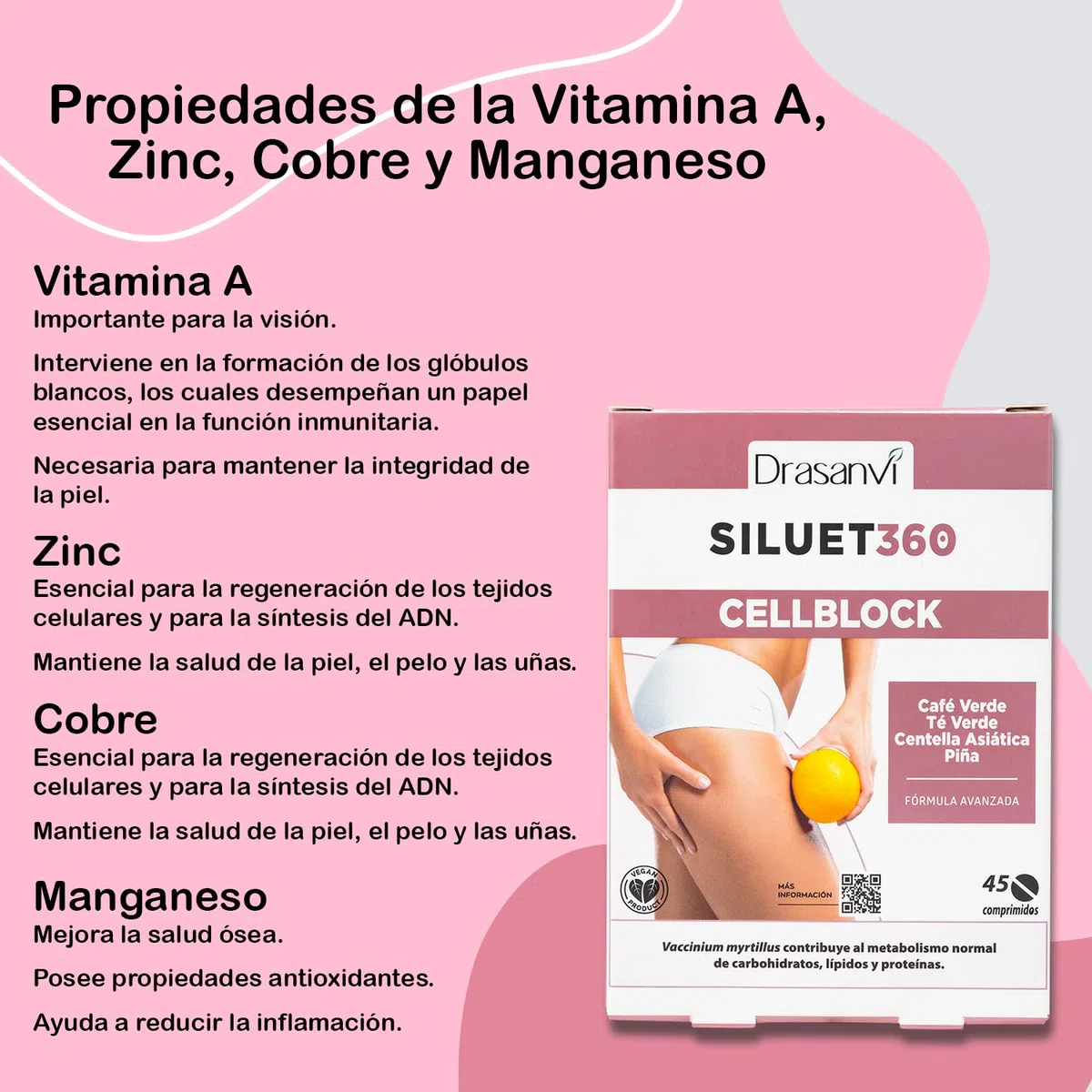 DRASANVI CELL BLOCK - Café Verde + Diente de León + Té Verde + Centella Asiática + Zinc - Ayuda a combatir la CELULITIS - VEGANO - SIN GLUTEN - 45 comprimidos