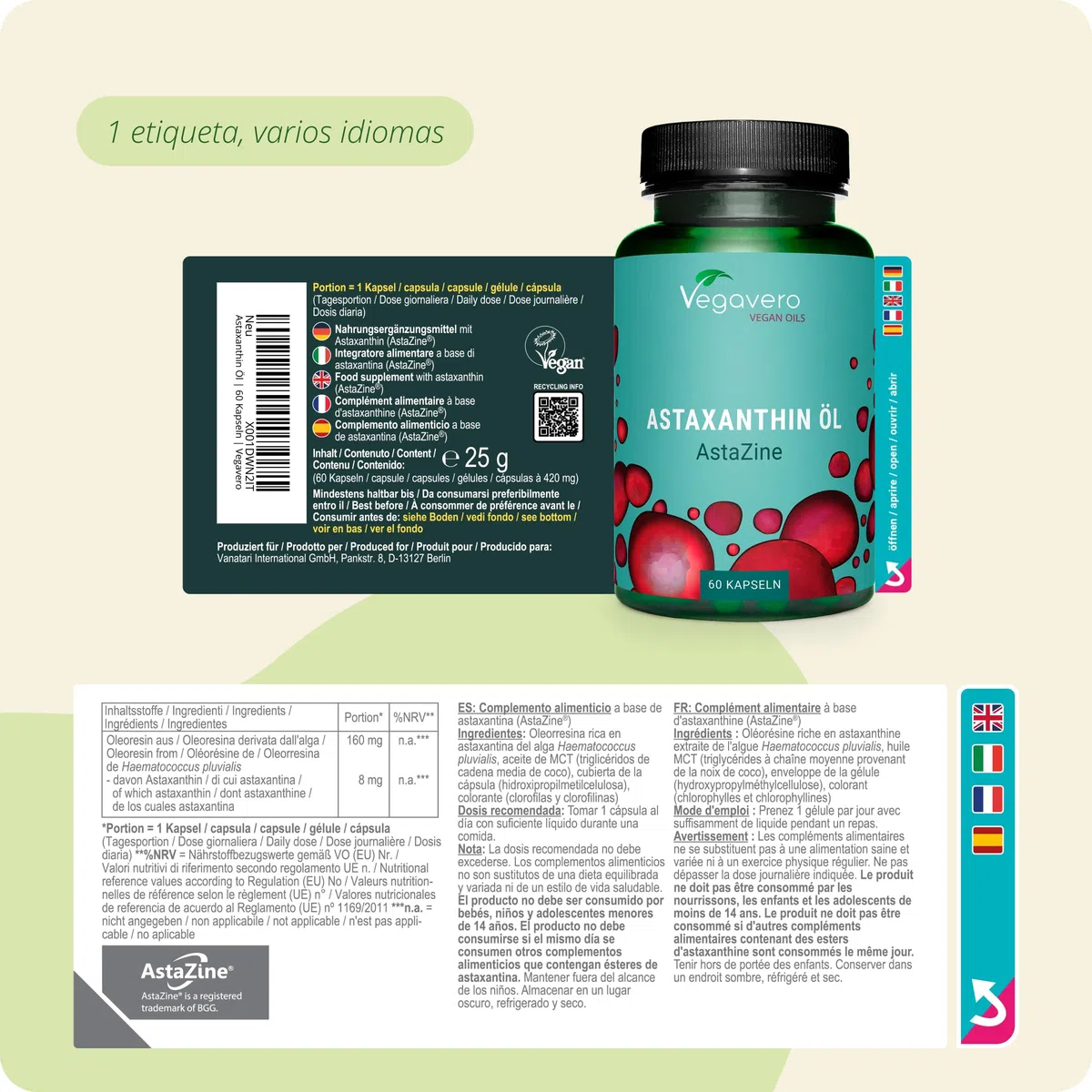Astaxantina Pura Vegavero | 8 mg en Aceite (AstaZine) | 100% NATURAL | Sistema Inmune + Protector Solar + Antioxidante | Sin Aditivos | Vegano | 60 Cápsulas Sin Gelatina