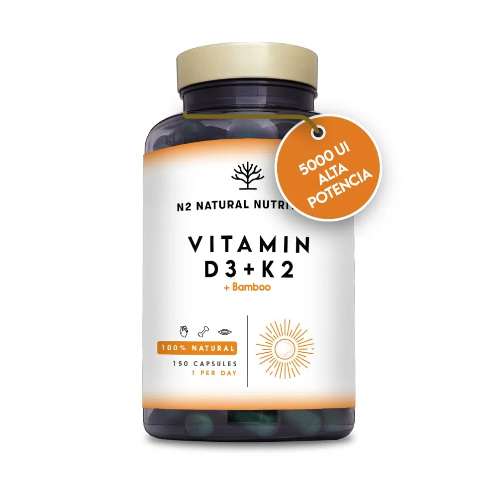 Vitamina D3 y K2. Vitamina D3 5000 ui + Vitamina K2 MK7 200 μg + Silicio + Bamboo. Alta Dosificación y Biodisponibilidad. Contribuye al Sistema Inmunológico. 150 Cápsulas. N2 Natural Nutrition