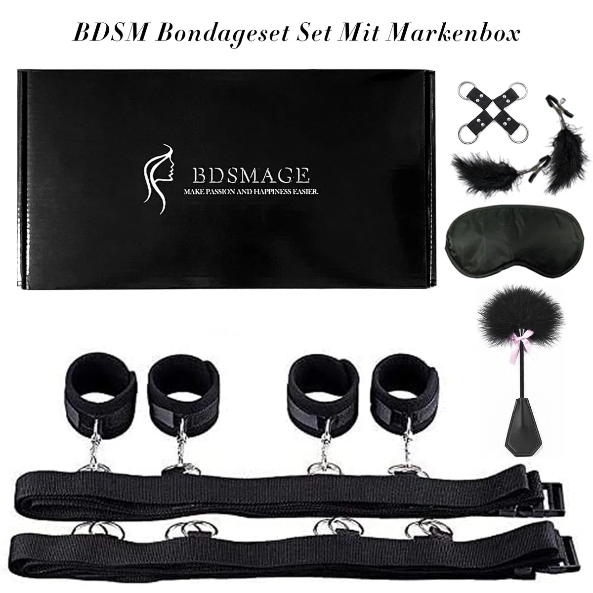 SM Bondage Kit 7 piezas,Vendas de ojos con Látigo Pluma Esposas Cadenas Tobillos Pezones Succionador Pezón Juguetes Sexuales Fetiche Juego Coqueteo para sujetar a la cama