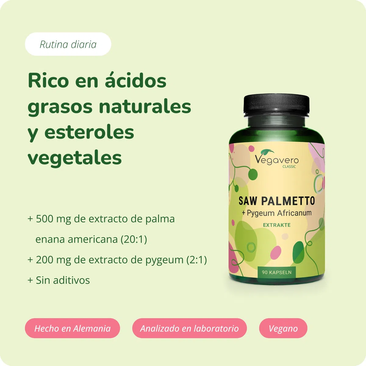 Vegavero Saw Palmetto + Pygeum Africanum | 700 mg de Extracto | Para 3 Meses (90 Cápsulas) | Extractos Estandarizados 45% Ácidos Grasos & 10% Esteroles | Testado en Laboratorio | Sin Aditivos y Vegano