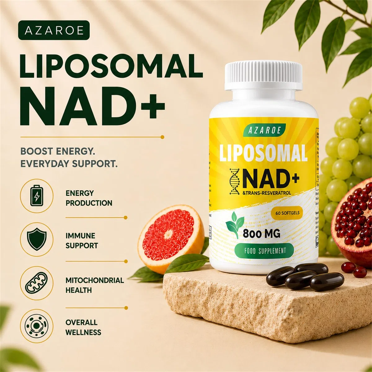NAD+ liposomal y Trans-Resveratrol 800mg cápsulas blandas, alternativa más eficiente que el NMN, alta absorción, suplemento real de NAD+ para la reparación celular