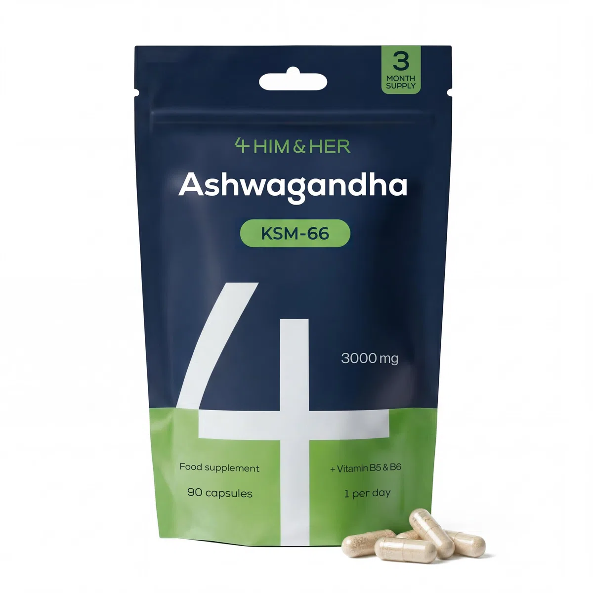 Ashwagandha KSM-66 Cápsulas 250mg Alta Potencia – 5% Withanolides – 90 Cápsulas Veganas (Suministro 3 Meses) – con B6 para Cansancio & B5 para Rendimiento Mental – para Hombres y Mujeres – 4 HIM & HER