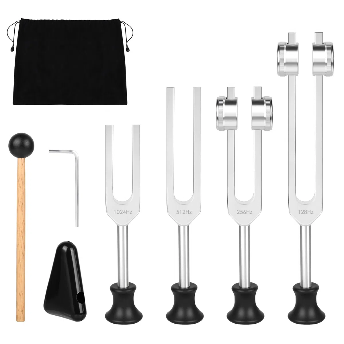 Diapason Set 128 Hz, 256 Hz, 512, 1024Hz para Terapia de Frecuencia, 4 Diapasones para Stimmgabel Therapie, Yoga y Meditación (con Martillo)