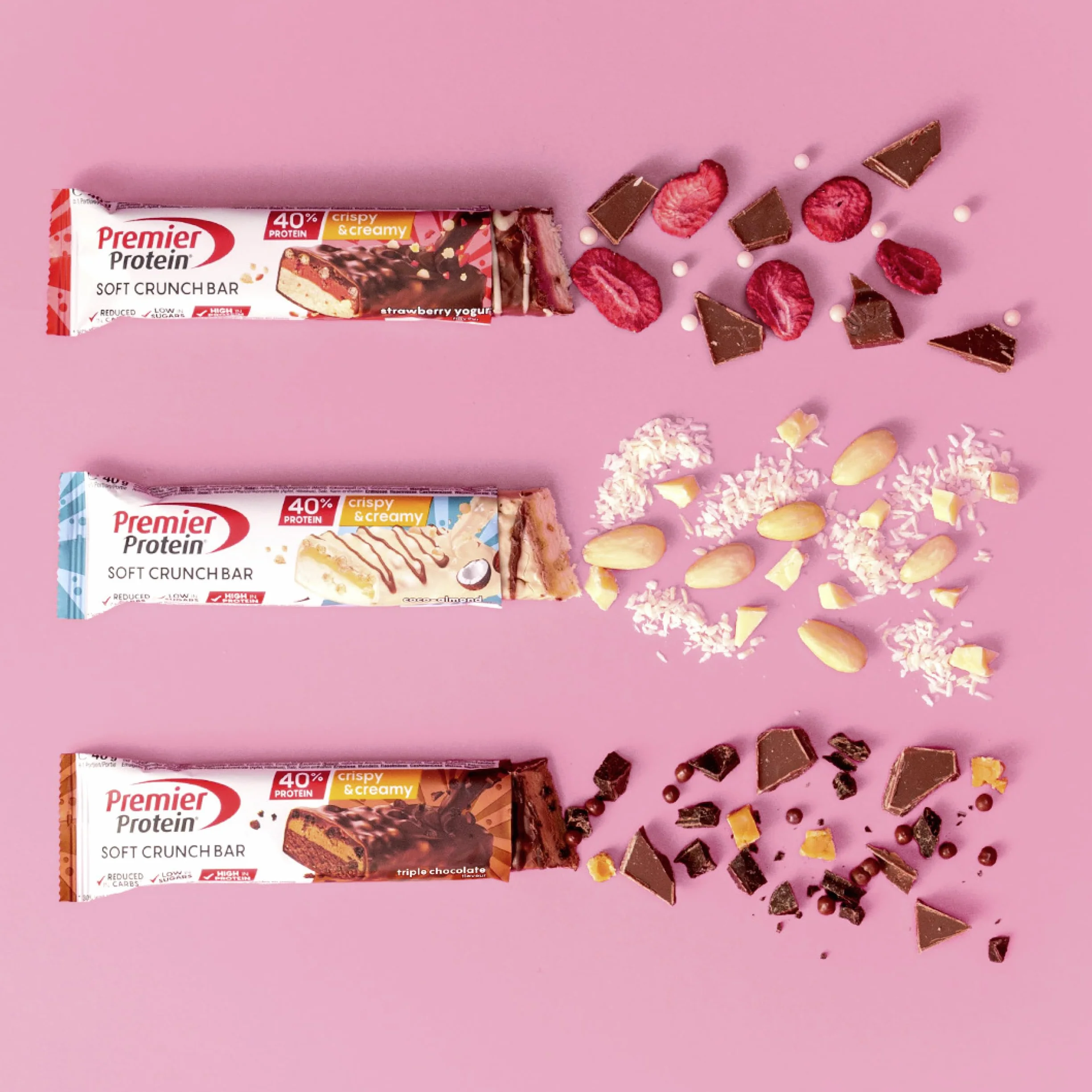 Premier Protein Soft Crunch Bar 40% Protein Strawberry Yogurt 12x40g - Hoher Proteingehalt + Low Sugar + Palmölfrei