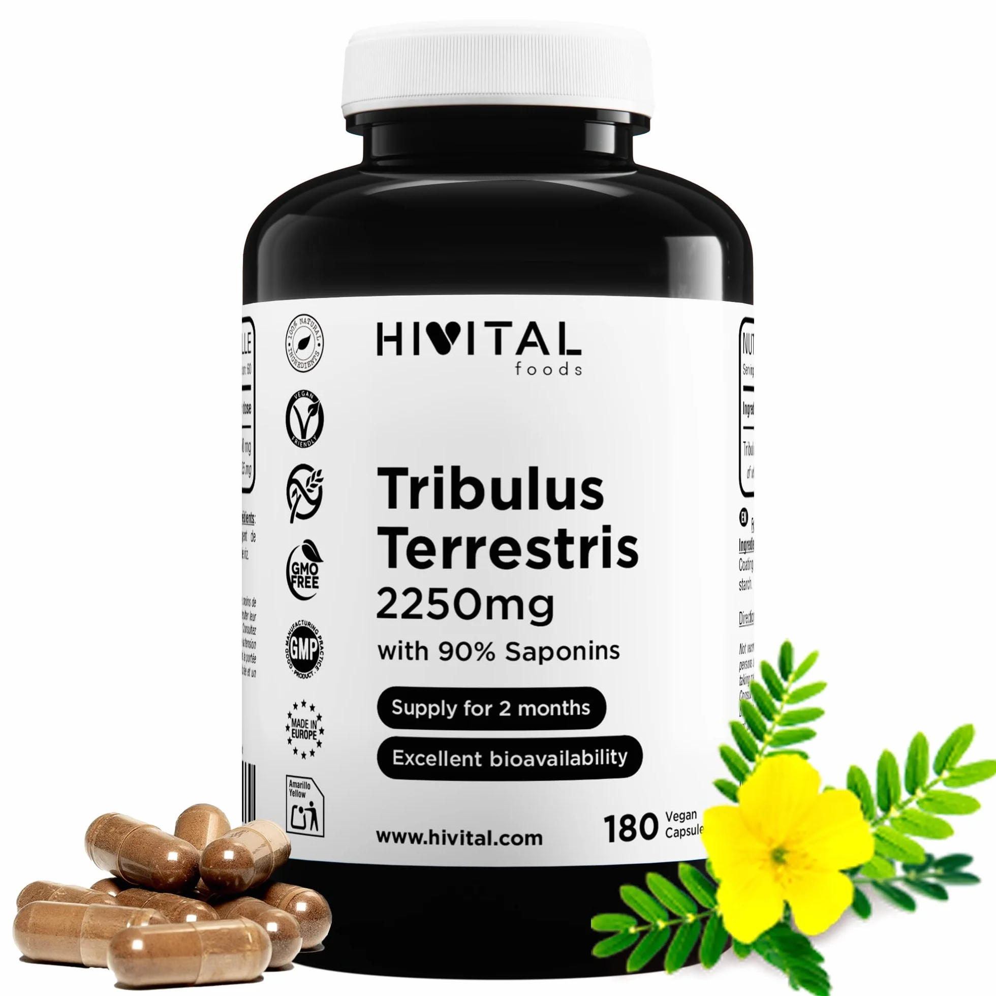 Tribulus Terrestris 2250 mg. 180 cápsulas veganas para 2 meses de tratamiento. Extracto Natural con 90% Saponinas con alto principio activo. Fabricado en España por HIVITAL