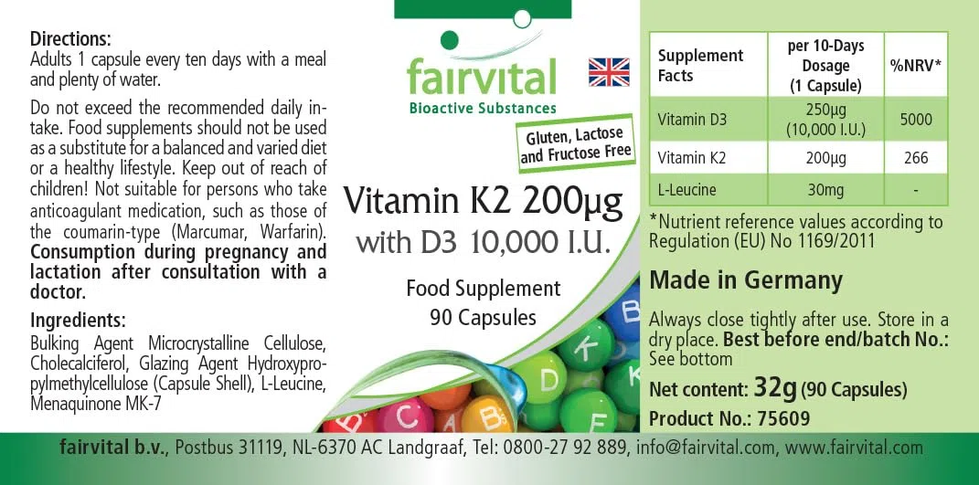 fairvital Vitamina D3 + K2, 90 cápsulas, fáciles de tragar, vitamina D3 10 000 UI de liberación prolongada + vitamina K2 MK-7 200 mcg por cápsula, ALTA DOSIS, solo 1 cápsula cada 10 días