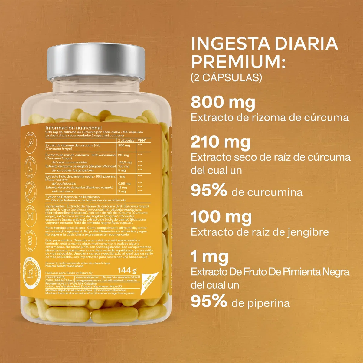 Curcuma con Jengibre y Pimienta Negra - 95% Curcumina - 180 Capsulas - 2 Curcuma con Pimienta Negra y Jengibre en Capsulas al día - 100% Veganas Turmeric