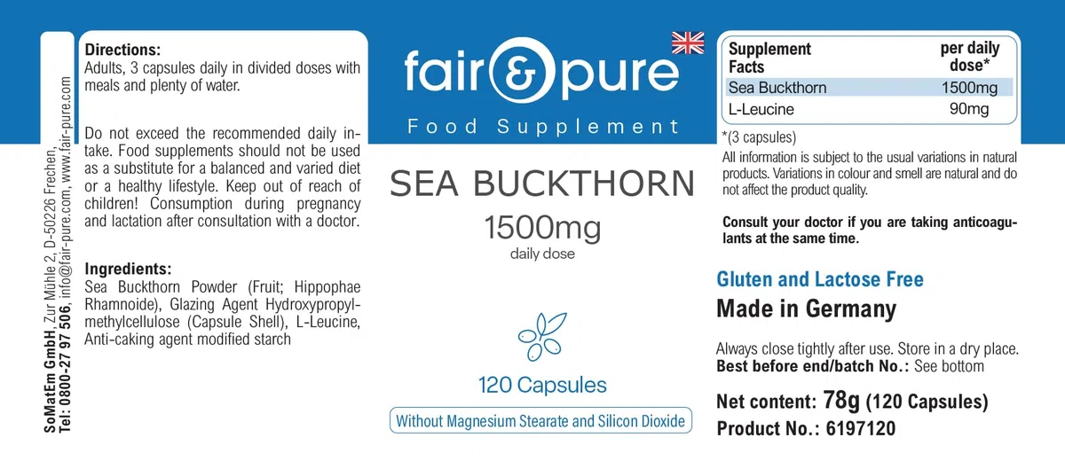 Fair & Pure Espino amarillo 1500mg, 120 cápsulas, complemento alimenticio vegano sin estearato de magnesio, fabricado en Alemania.