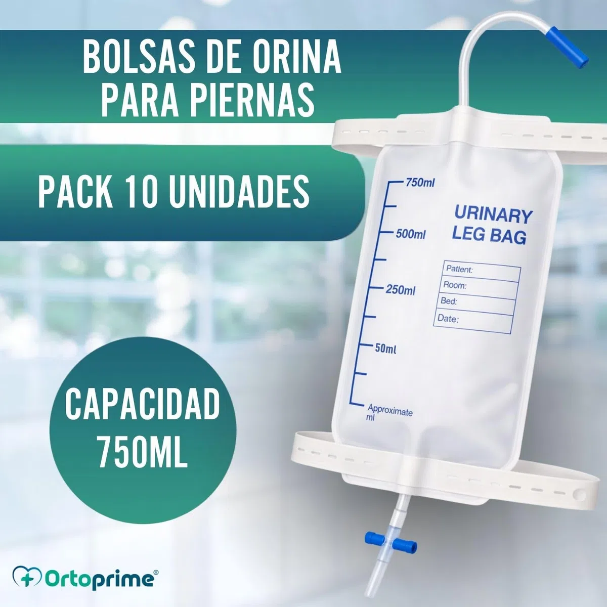 OrtoPrime Bolsas de Orina Pierna PACK X10 UNIDADES bolsa Drenaje orina 750ML Colector Urinario ANTIGOTEO en T - bolsas orinal portátil - Sonda Urinaria ESTERILIZADAS Bolsa de Pierna Urinaria