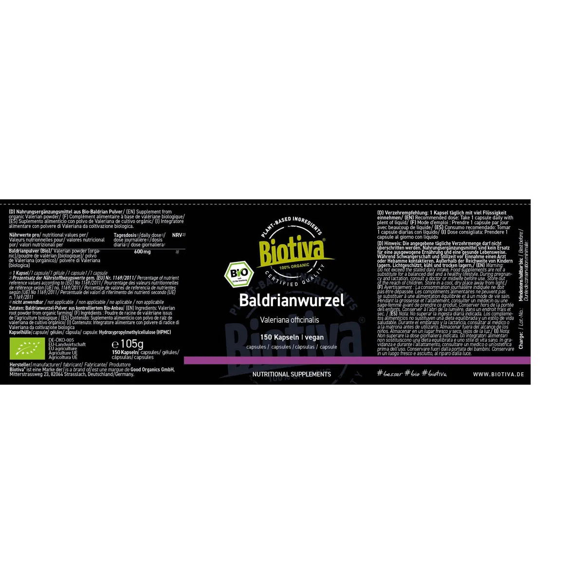 Biotiva Cápsulas de valeriana orgánica 150 piezas - raíz de valeriana molida - 700 mg por cápsula - llenada y verificada en Alemania - vegana