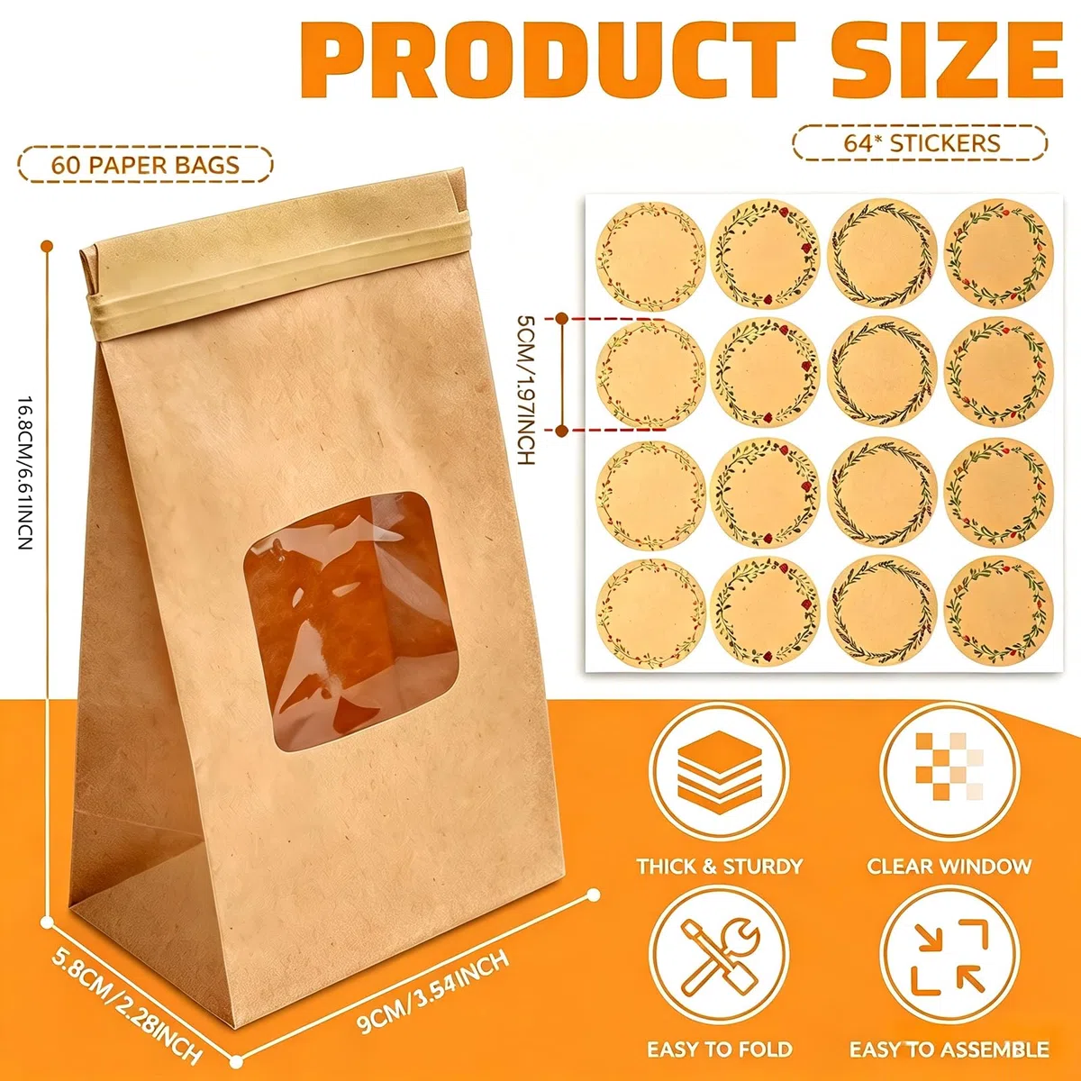60 Pcs Bolsas para Galletas Pequeñas con Ventana de Papel Kraft 17x9x6cm Bolsas para Dulces Cumpleaños Alambre Autocierre Revestimiento Antigrasa Grado Alimentario Pegatinas Decorativas Anti Rotura