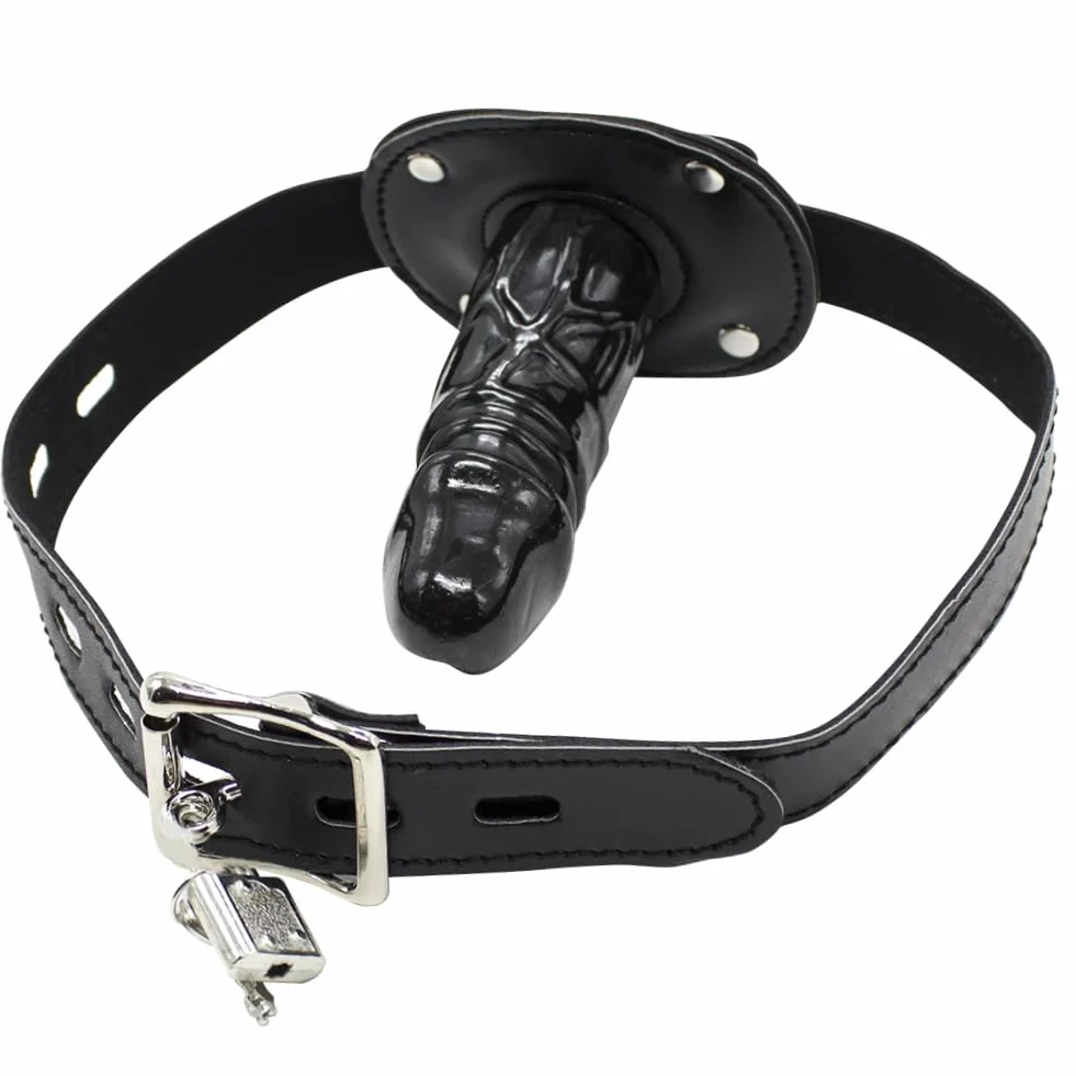 Mordaza con consolador y cierre con candado de SXOVO, color negro, para fetichismo, bondage Penis Gag Restricción (Largo 10 cm)