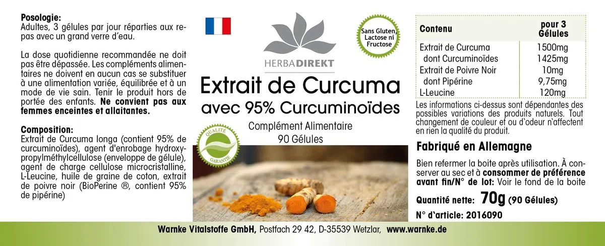 Extracto de Curcumina con pimienta negra – 1500mg de Curcumina por dosis diaria – 95% de curcuminoides – Alta biodisponibilidad – Vegano – 90 Cápsulas | HERBADIREKT - Calidad de farmacia alemana