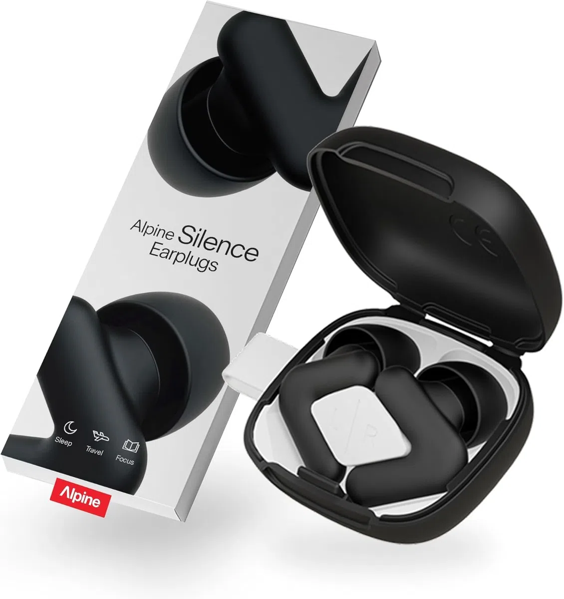 Alpine Silence Tapones de Oídos para Dormir, Viajar y Concentración – Protección Auditiva Reusable y Cómoda – Diseño con Ajuste en V y Puntas Suaves (XS/S/M/L) – Negro
