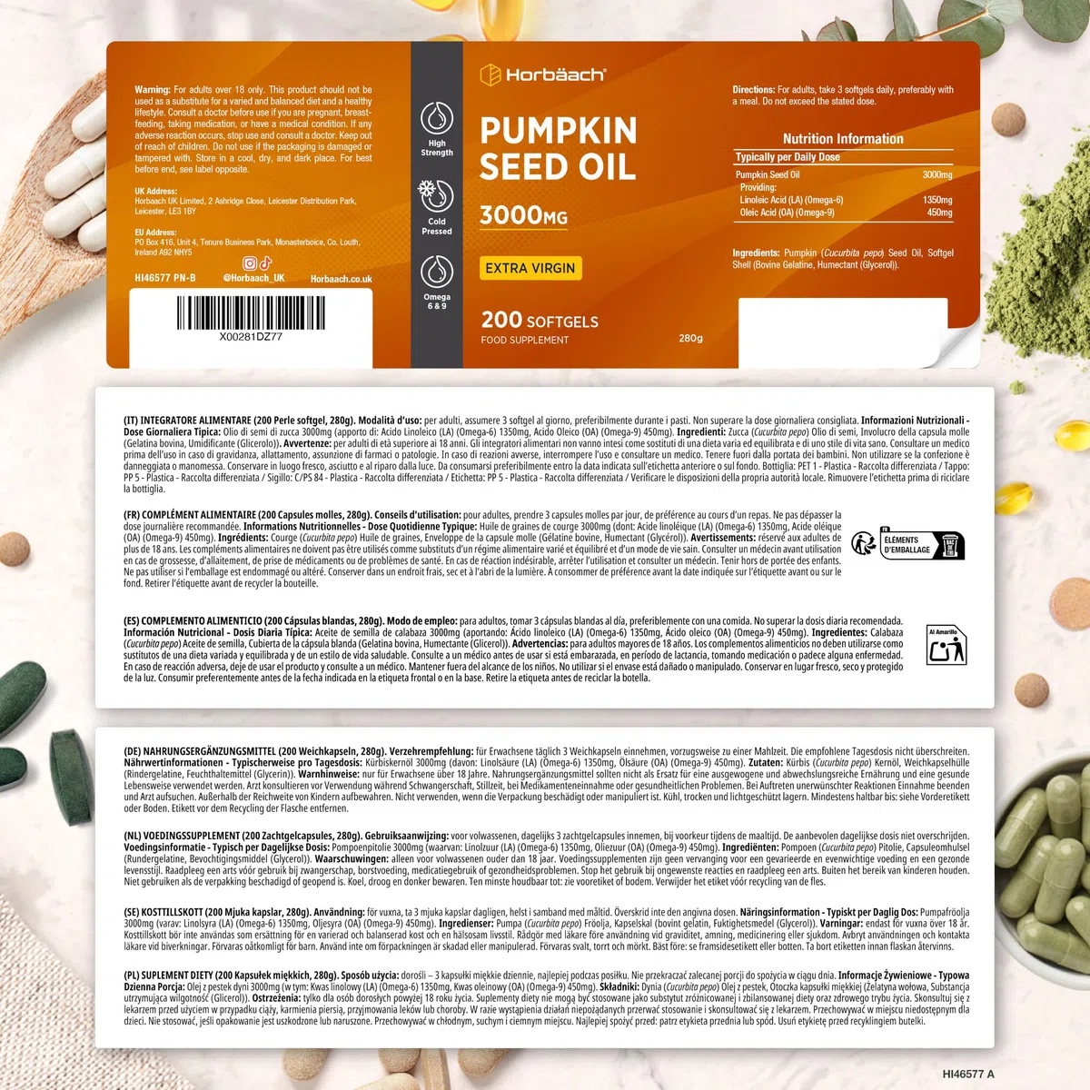 Aceite de Semillas de Calabaza 3000mg | 1350mg Omega 6 y 450mg Omega 9 | 200 Cápsulas | Máxima Potencia | Prensado en Frío y Extra Virgen | Pumpkin Seed Oil | de Horbaach
