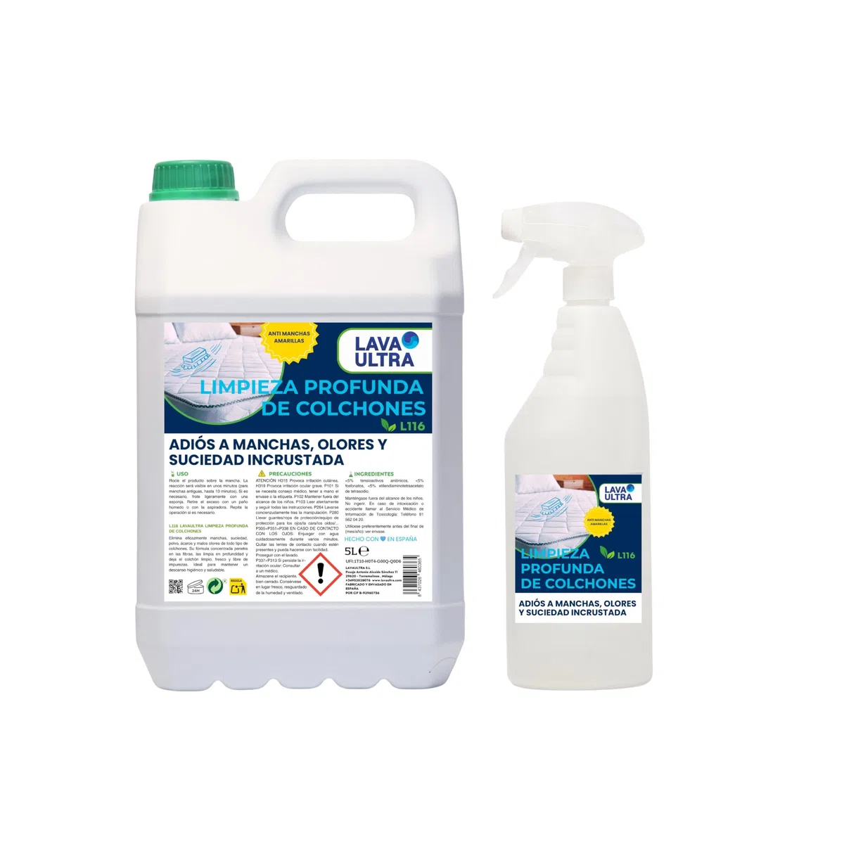 Limpiador para colchones LavaUltra L116 — potente limpiador para limpieza profunda 5 L + spray 750 mL | Elimina manchas amarillas, suciedad, restos de orina y olores de mascotas