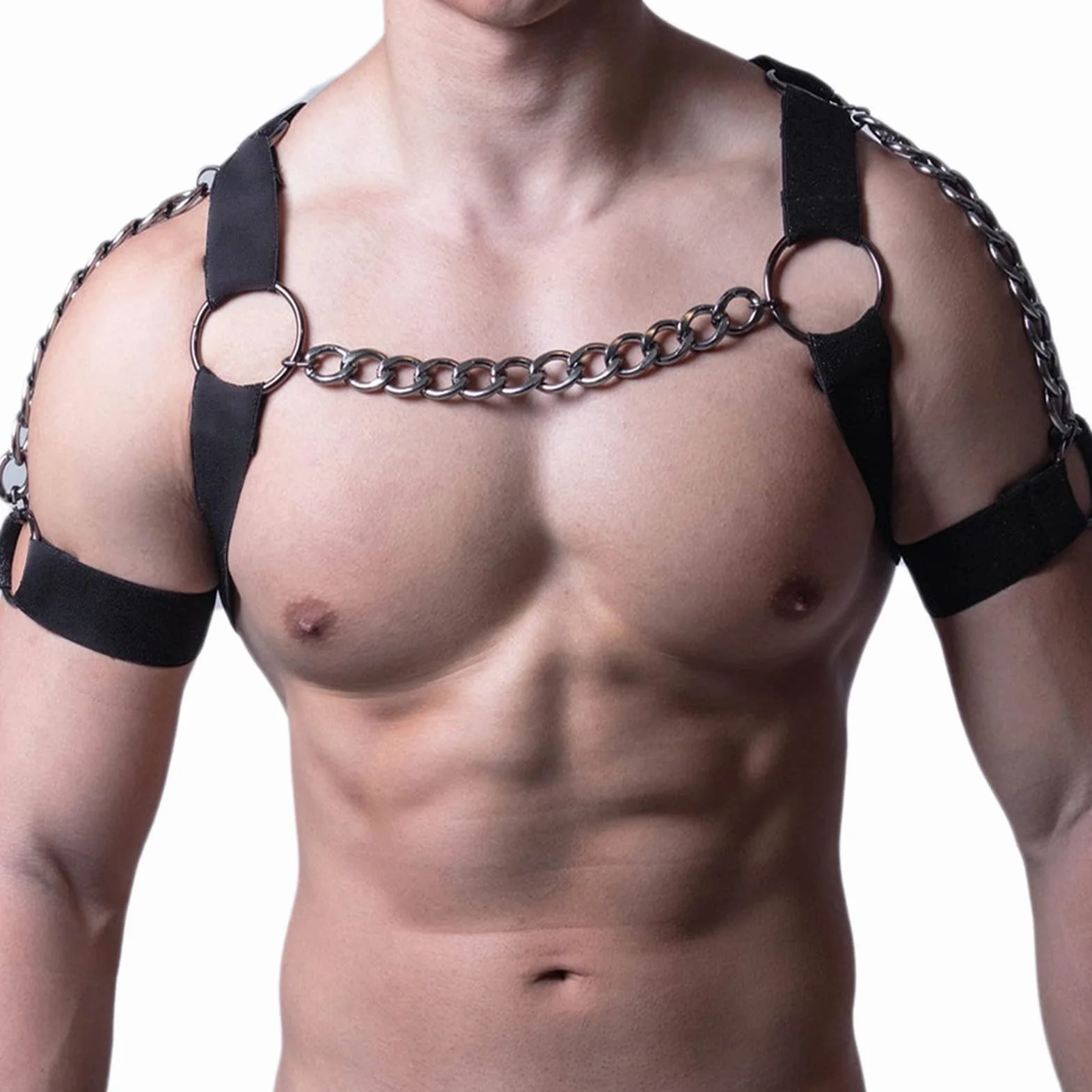 Yctze Hombres Chest Harn Tightn PU Metal Chain Top Chest Suspender para Jugar Fiesta Punk Body St F Body Harn Negro
