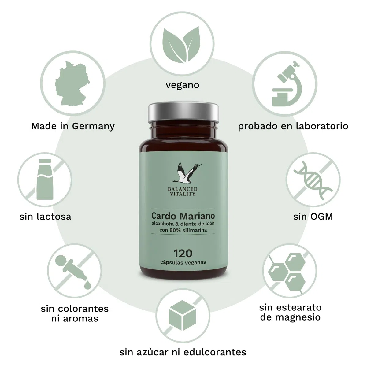 Balanced Vitality cardo mariano, Artichoke, Dandelion Complex-120 cápsulas veganas para 4 meses - con 80% de silimarina - sin aditivos - testado en laboratorio - Made in Germany