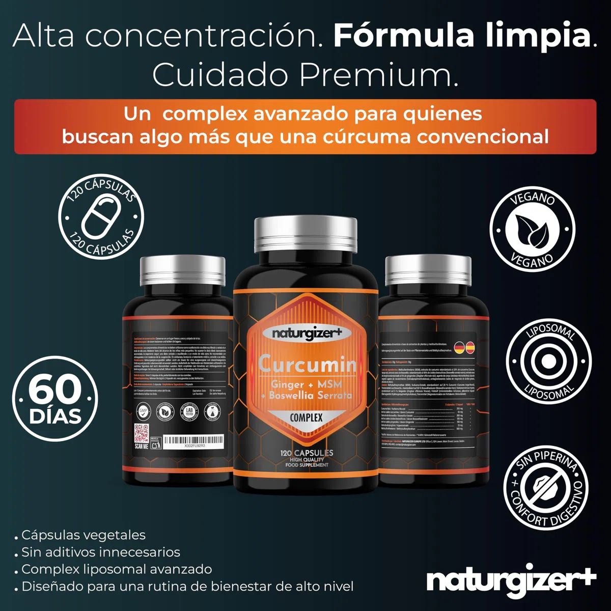 Cúrcuma LIPOSOMAL Complex con Jengibre, Boswellia, MSM | Alta Absorción | Apoyo Premium para Articulaciones, Músculos y Digestión | Curcumina en Cápsulas Vegetales |120 Cápsulas (60 Días) Naturgizer+
