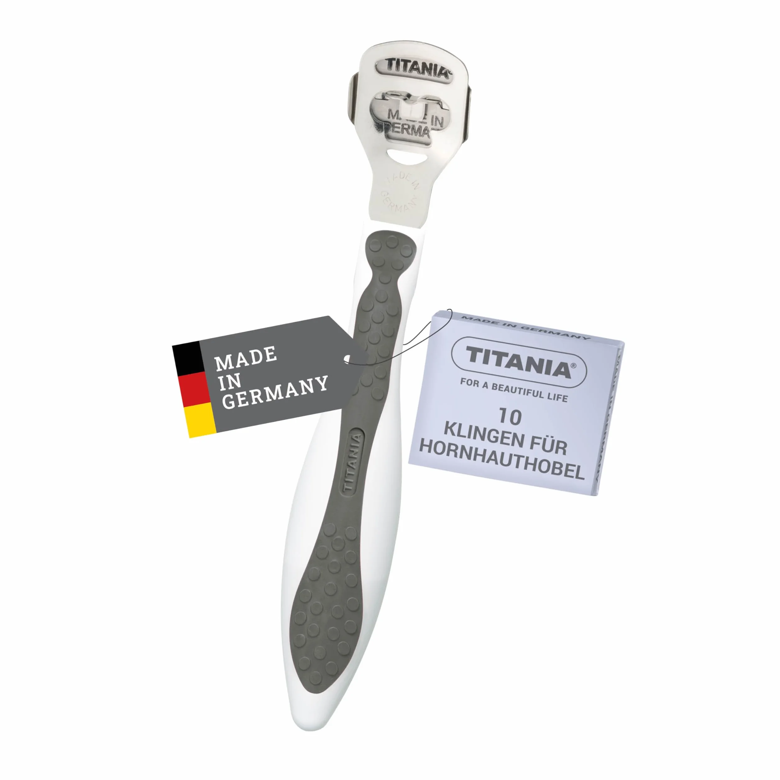 TITANIA Cortador de callos con 10 cuchillas de repuesto • Eliminador de callos de acero inoxidable • Cortador de calidad • Fabricado en Alemania
