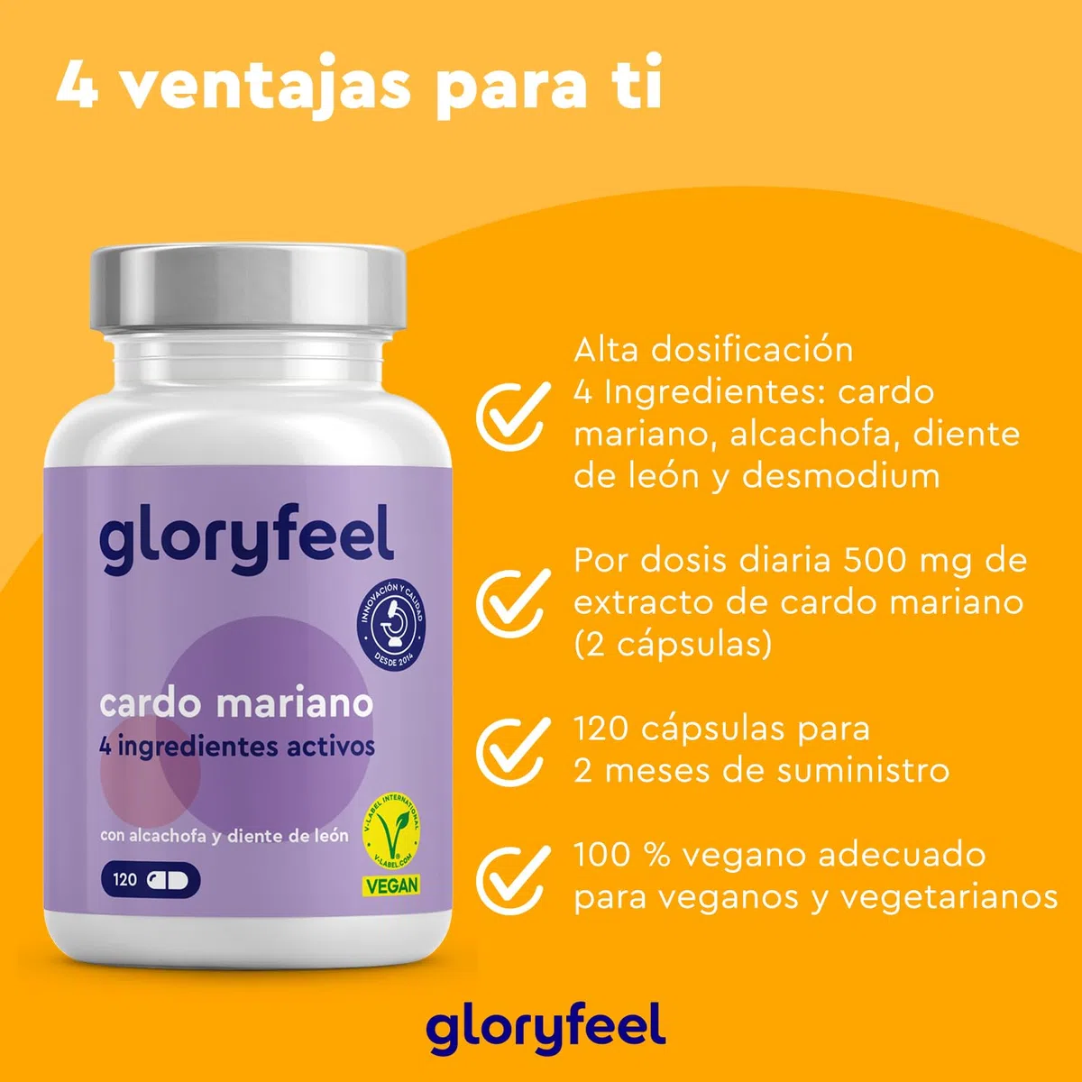 Cardo Mariano 500mg - Con Alcachofa, Diente de Leon y Desmodium - Alta Dosificación de Silimarina - 120 Cápsulas veganas - Probado en laboratorio, sin aditivos, fabricado en Alemania