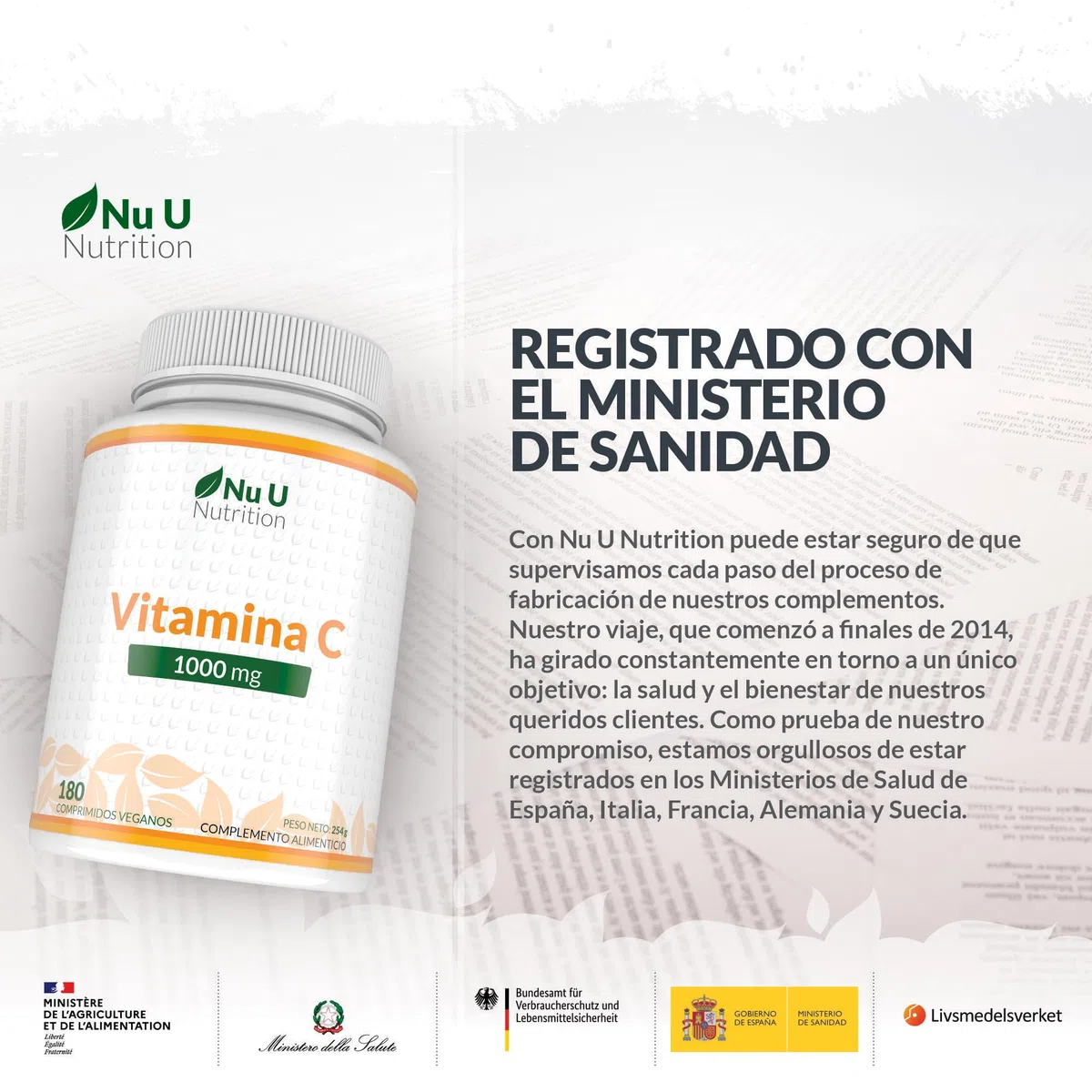 Vitamina C Pura 1000 mg - 180 Comprimidos Veganos - Suministro para 6 Meses - Fabricada en Europa - Nu U Nutrition